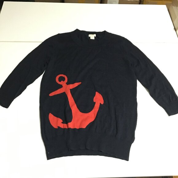J Crew Womens Sweater Size Small Navy/ Black Red Anchor Nautical Cotton - Picture 1 of 8
